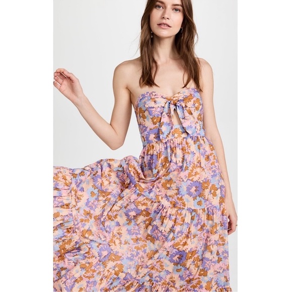ZIMMERMANN Floral Print Cutout Strapless Tiered Midi Dress in Purple Floral - Picture 2 of 13